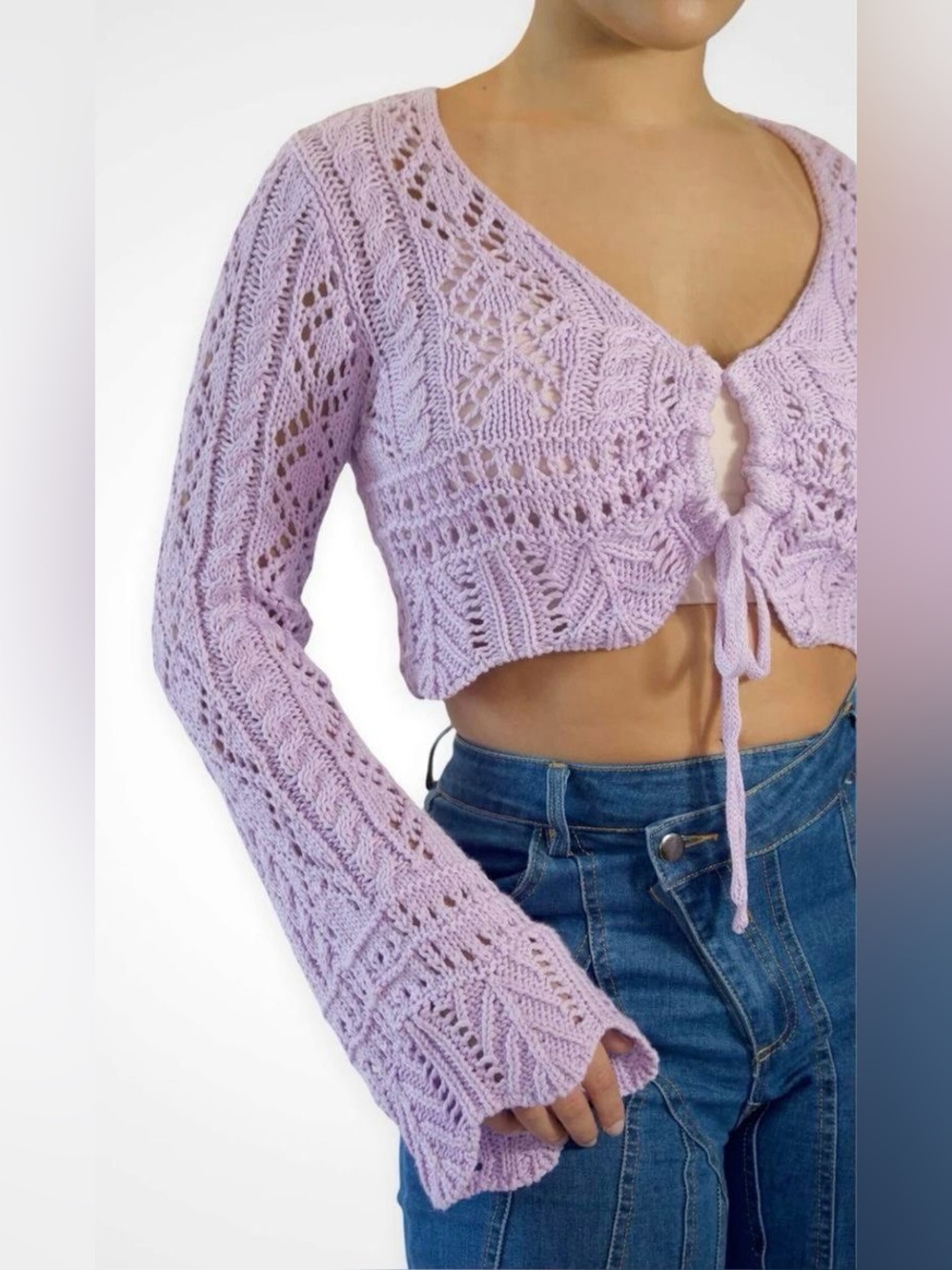 Altar’d State 100% Cotton Crochet Crop Sweater Tie Front Lavender Women Size M